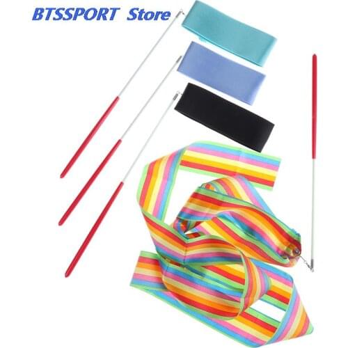 2 Meters Colorful Gym Ribbons Dance Ribbon Rhythmic Art Gymnastics Ballet Streamer Twirling Rod Rainbow Stick Training