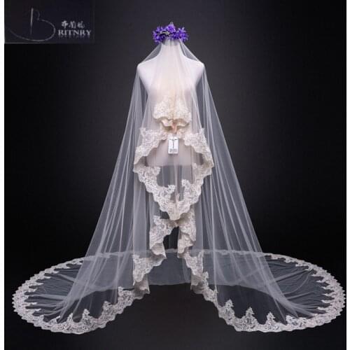 Voile Mariage One Layer Lace Edge Champagne Cathedral Wedding Veil Long Bridal Veil Cheap Wedding Accessories Veu de Noiva