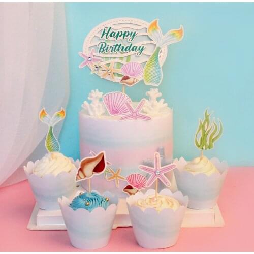 Cake Topper Starfish Shell Conch Mermaid Kids Happy Birthday Wedding Decoration Anniversaire Party DIY Baking Cupcake Toppers