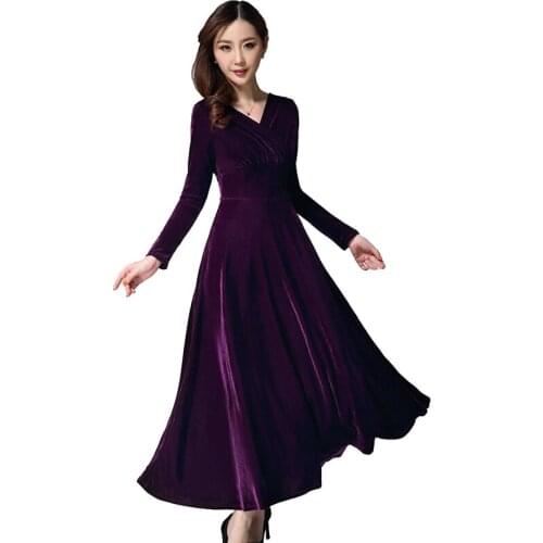 Lengthen Gold velvet Dresses Women 2019 Autumn Winter V-neck Long sleeve Big swing Dresses Female Plus size Slim Elegant Dresses