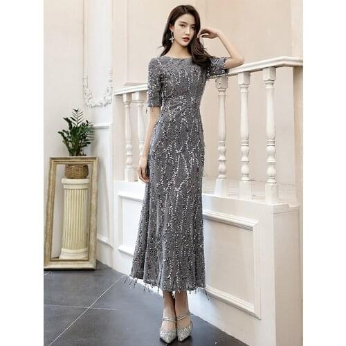 Formal evening dress 2021 New Mermaid O Neck Short Sleeve Lace Appliques Tulle Long Party Gowns Robe Soiree Sexy