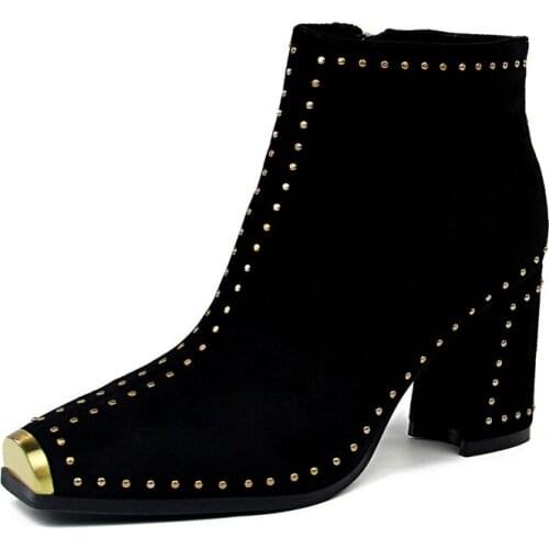UMMEWALO Square Toe High Heels Ankle Length Riveted Boots Women Autumn Winter Metal Design Ladies Shoes Boots 6862