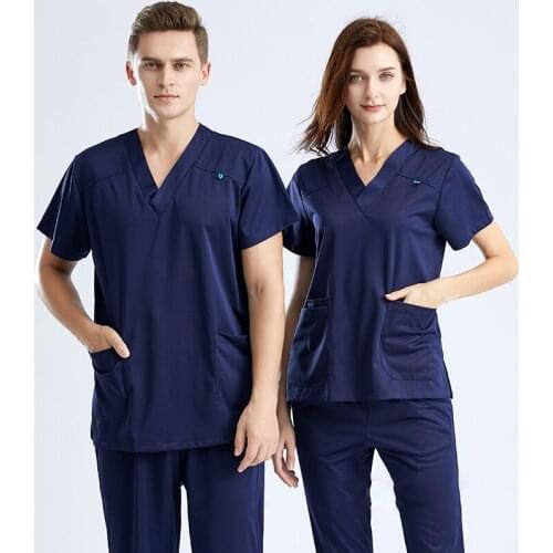 Women Men Scrub Uniform Workwear Set Top and Pant 100% New Polyester Working Clothing Short Sleeve V Neck Scrubs Suits G-305-2