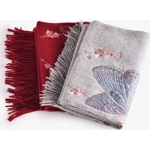 Bride Bridesmaid 100% Wool Scarf Winter Women Brand 2020 Butterfly Embroidery Shawls and Wraps for Ladies Pashmina Wool Scarves