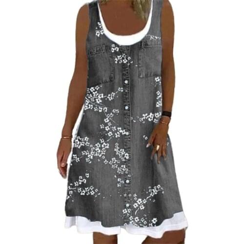 Women Dress Digital Printing Sleeveless Two-piece O Neck Fake Pockets Buttons Vest Sundress Suit Casual Loose Party Beach Robe