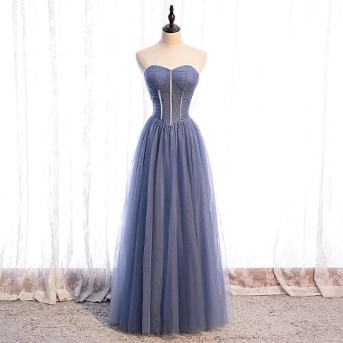 Bespoke Occasion Dresses Illusion Strapless Sleeveless Backless Spaghetti Strap Lace Tulle Blue Women Formal Evening Gown HB194