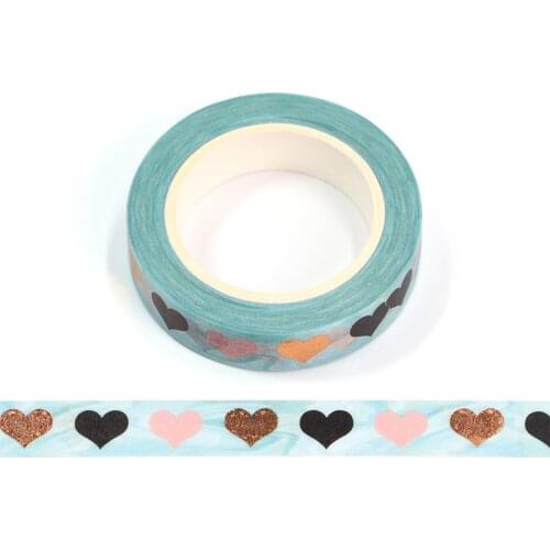 1PC 10MM*10M Foil Colorful Black Pink Yellow Heart Decorative Washi Tape Scrapbooking Masking Tape School Office Supply