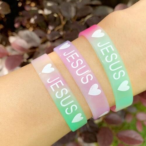 10pcs/lot New Trendy Jesus Silicone Bracelets Bangles Candy Color Heart Sport Rubber Wristband Bracelet Jewelry Gifts brtc37