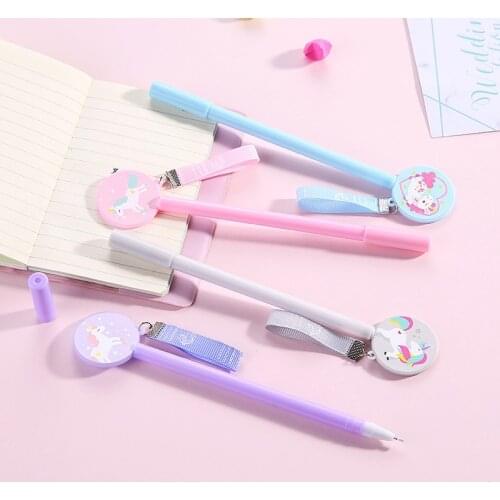 100 Pcs Girl Chalk Lollipop with Hanging Rope Pendant Unicorn Neutral Pen Germinator Student Signature Pen Rainbow Horse Kawaii