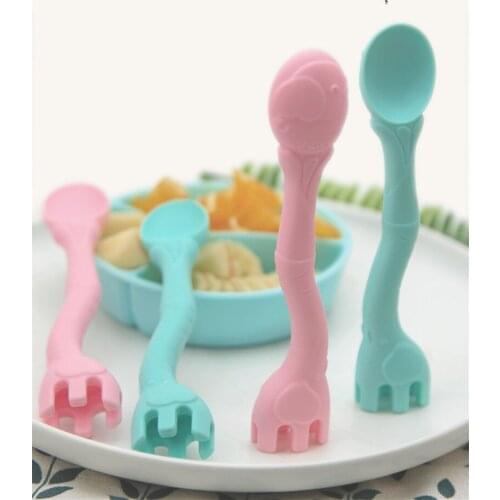 2in1 Cute elephant Giraffe Baby Feeding Spoon and Fork Soft Silicone Childrens tableware BPA Free baby health Teether Utensils