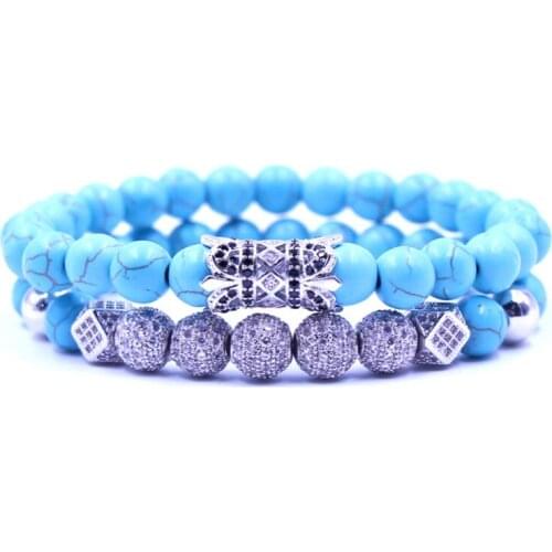 8mm 2PCS/Set jrg3 silver elastic adjusted nature turquoise bead micro pave cz zircon cubic zirconia tube Bracelet Jewelry