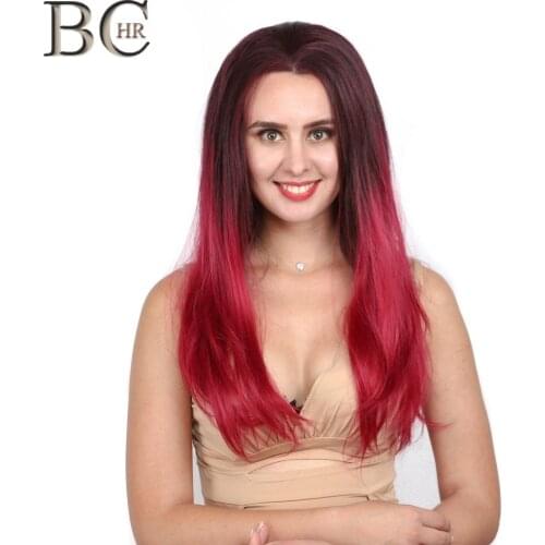 BCHR Burgundy Red Straight Long Centre parting 13*4 Lace Front Wig for Women Ombre Black Wine Red Cosplay Wig