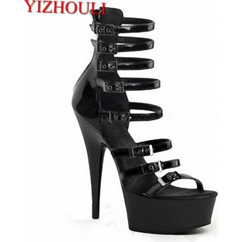 Black buckled summer heels, 15-centimeter pole dancing sandals, 6-inch dancer nightclub runway sandals