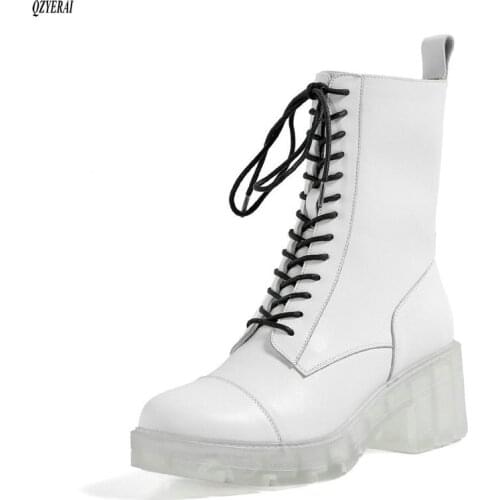 The new autumn/winter Martin boots women Genuine leather fashion Transparent soles lace-up Size 34-43