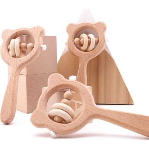 Custom Wooden Rattle Beech Bear Hand Teething Wooden Ring Baby Rattles Play Gym Montessori Stroller Toy For Kid Products