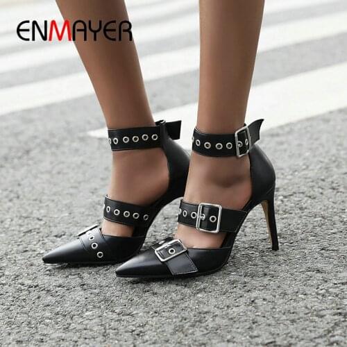ENMAYER 2020 Basic Thin Heels Pumps Women Shoes Pointed Toe Party Buckle Strap Wedding Shoes Sexy PU Women Shoes High Heel