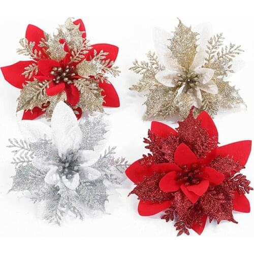 5Pcs Artificial Flowers Glitter Merry Christmas Decorations New Year Gift Red Xmas Ornaments New Year Party Artificial Flower