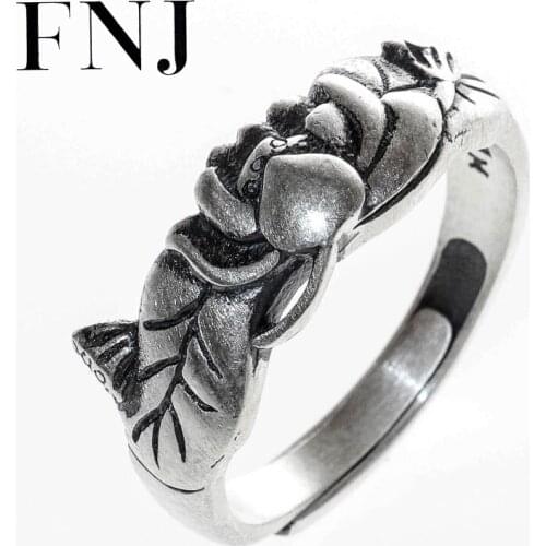 FNJ 990 Silver Matte Lotus Flower Ring Original Pure S990 Sterling Silver Rings for Women Jewelry Open Adjustable Size