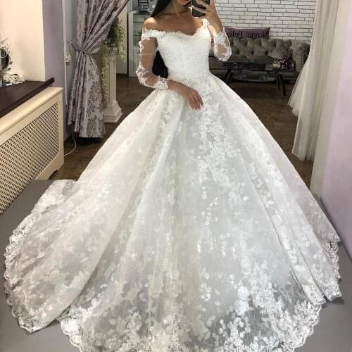 Lace Ball Gown Wedding Dress Lace-up Off-the-shoulder Long Sleeves Bridal Gown Court Train CT030