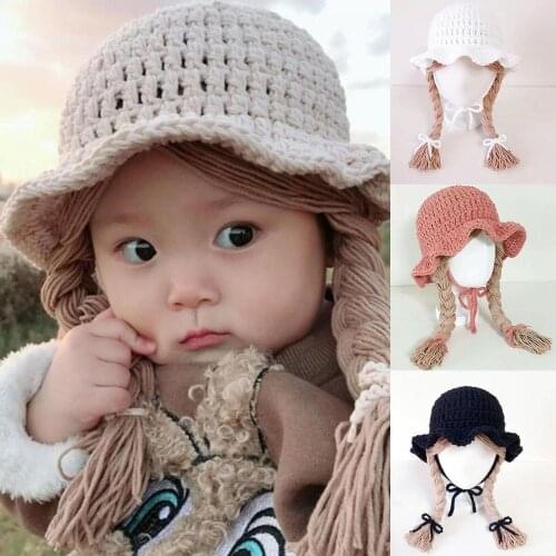 Fashion Baby Girls Braided Wig Chin Strap Knitted Caps Bucket Hat Photo Prop