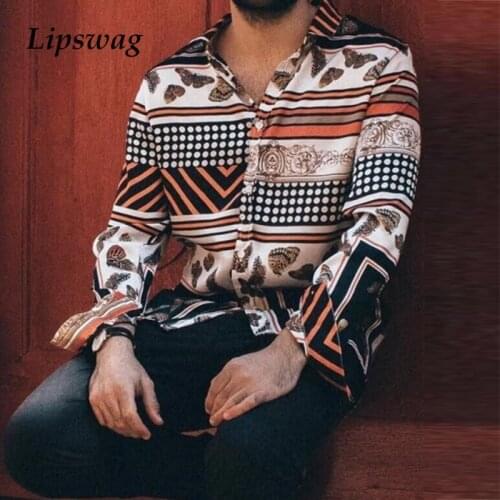 Vintage Print Mens Long Sleeve Shirt Fashion 2021 Spring Turn-down Collar Button Tops For Men Loose Casual Shirts Streetwear 3XL