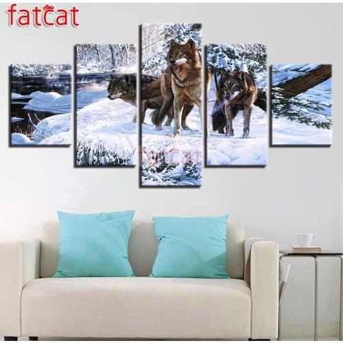 FATCAT Snow wolf animals 5 Piece Diy Diamond Painting Full Square Round Mosaic Embroidery Sale Needlework Home Decoration AE2487
