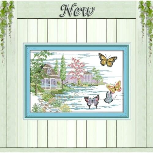 The butterfly estate lakeside scenery Painting Counted Print on canvas DMC 14CT 11CT Cross Stitch Needlework Kits Embroidery Set
