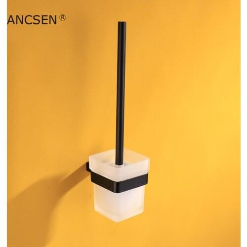 Wall Mounted 304 Stainless Steel Black Toilet Brush Holder with Frosted glass Glass Cup Bathroom lavatory Brush Accessories