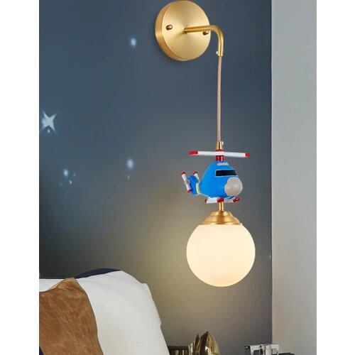 Childrens Room Wall Lamp Boy Girl Bedroom Decor Creative Plane Wall Sconces Copper LED Light Fixtures for Home Indoor Lighting