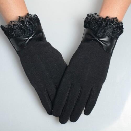 Fashion Touch Screen Warm Lace Gloves Autumn Winter Black Long Full Finger Mittens Women Bow Decorations Hand Gloves 2020 New