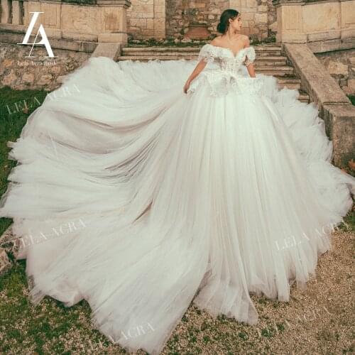 Luxury Beaded Embroidery Wedding Dress Sweetheart Lace Up Ball Gown Illusion Princess Train LelaAcra JK01 Bride Vestido De Noiva