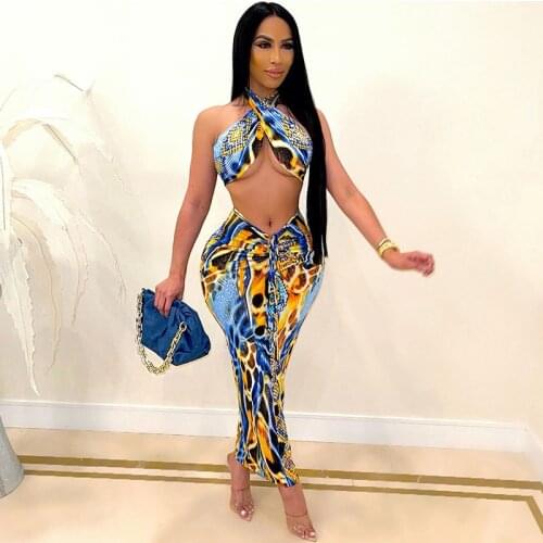Snakeskin Print Sexy Club Outfits for Women Dress Sets Cross Halter Crop Top + Long Skirts Suits 2 Piece Set Party Matching Sets
