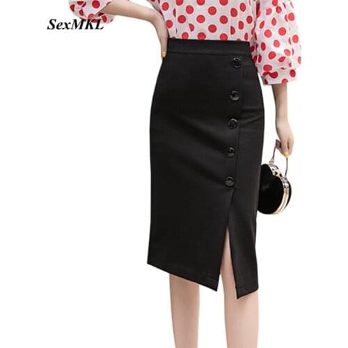 SEXMKL Plus Size Black Pencil Skirt Women 2020 Fashion Work Midi Skirt Sexy Button Elegant Office Ladies High Waist Skirt Red