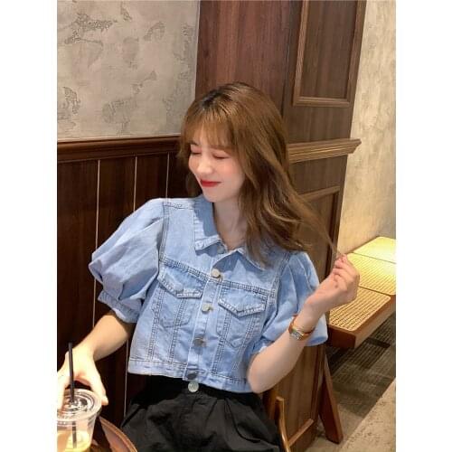 2021 Summer Korean Style Puff Sleeve Tops Elegant Retro Blue Jean Slim Crop Shirts Women Vintage Square Neck Denim T-shirt