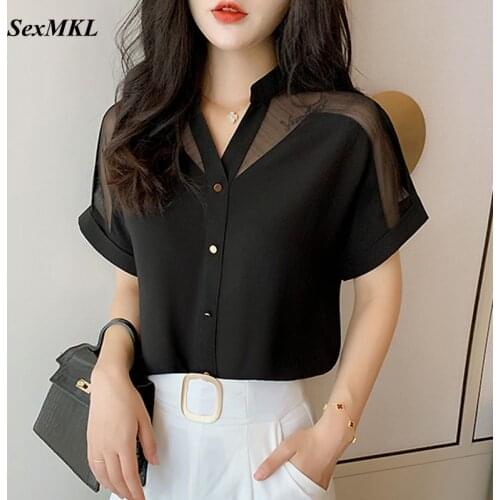 2021 Summer Korean Style Short Sleeve Top Women Fashion White Office Mesh V-neck Ladies Shirts Pullover Chiffon Women Blouse XXL