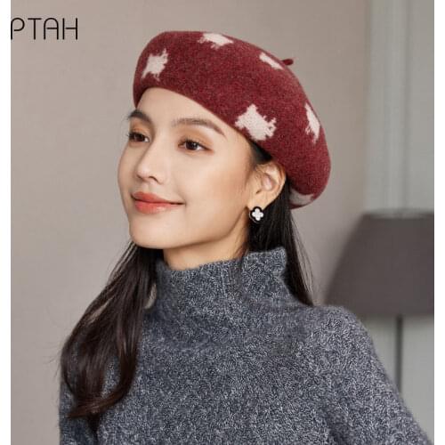 [PTAH] Women Girls Berets French Artist 100% Wool Hats Winter Warmer Beanie Hat Vintage Plain Beret Hats Elegant Lady Winter Cap