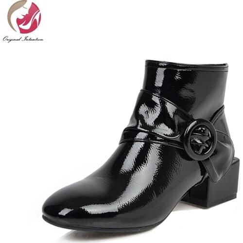 Original Intention New Patent Leather Black Red Fushia Ankle Boots Woman Square Toe Square Heels Fashion Winter Short Boots Sexy