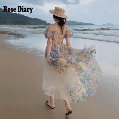 RoseDiary 2021 French Court Style Floral cut waist sexy bubble sleeve square neck lace up short sleeve open back Beach dress