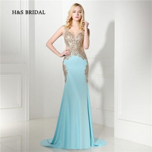 H&S Bridal Blue Mermaid Fitted Sexy Gold Appliques Sheer Evening Prom Dresses Illusion Back New Arrival Evening Gowns