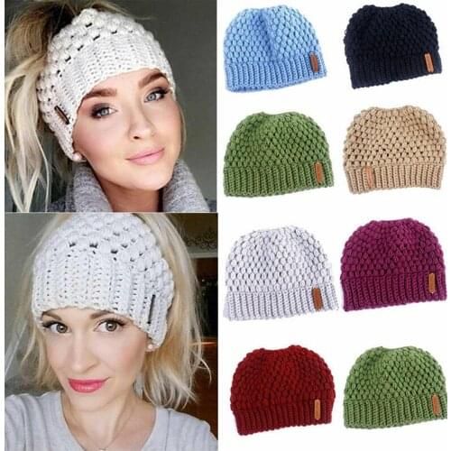 Winter Knitting Hats Women Hat Girl Stretch Knitted Woolen Hat With Tag Messy Bun Ponytail Beanie Holey Warm Hats Caps New
