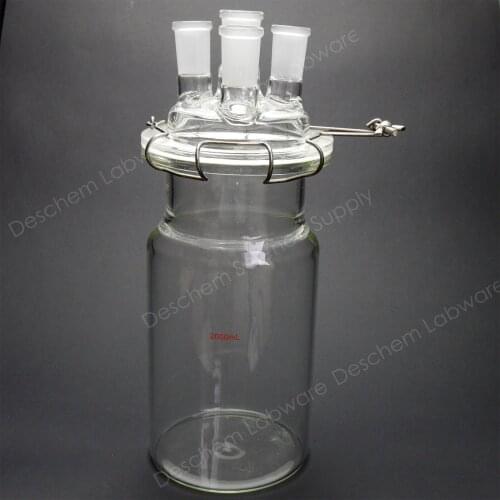 2000ml,24/40,4-neck,Glass Cylinder Reactor,2 Litre Flat Bottom Reaction Bottle