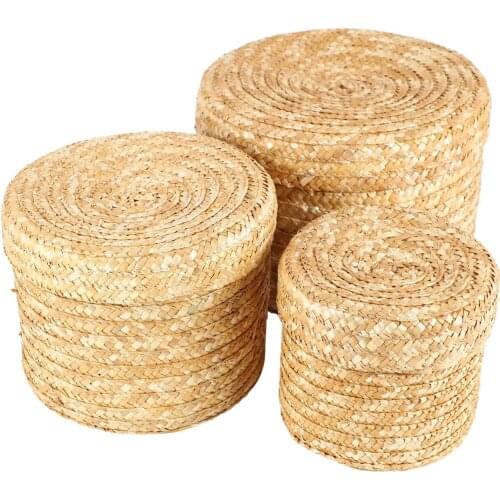 3 Pcs/Set Handmade Straw Woven Storage Basket With Lid Snack Organizer Storage Box Laundry Baskets Rattan Storage Flower Baske