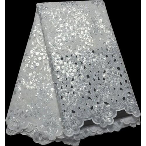 5yards/pc) Top quality handcut African organza lace fabric fully in white with luxury sequins embroidery for party dress OP31