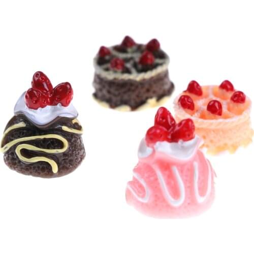 6Pcs Mini Resin Food 3D Strawberry Fake Kitchen Toys Chocolate Cake Art Miniature Decoration Charm Craft