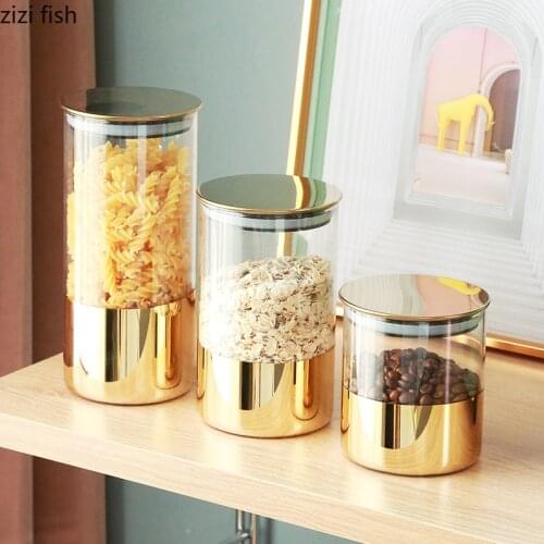 Gilded Glass Storage Jars Decorative Candy Pot Sealed Storage Jar with Lid Spice Grains Pots High Capacity Kitchen Organizer Box