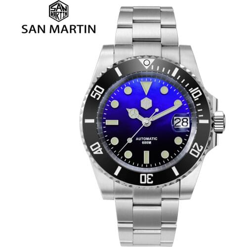 San Martin Diver Water Ghost MOP 60Bar Helium Device Luxury Sapphire Men Automatic Mechanical Watch Ceramic Bezel Lume Date