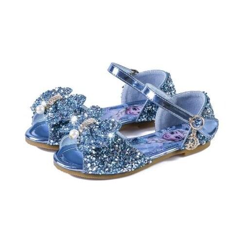 Disney Frozen Elsa Princess Sandals Girls Leather Crystal Shoes Glitter Flat Girls Sandals Pink Blue Silver Elsa Soft Shoes