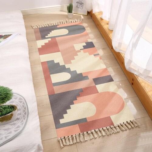 Household simple national style cotton linen bedroom bedside mat living room anti slip hand carpet