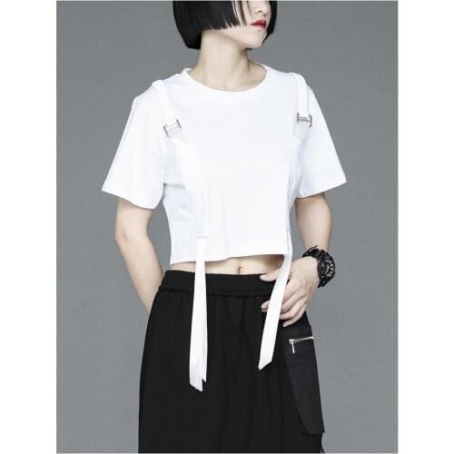 Ladies summer motorcycle style ribbon design short sleeve round collar solid color hip hop street short T-shirt slim crop women