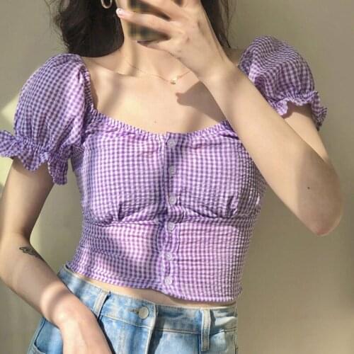 Classic Plaid Print Top Fashion Sweet Ruffles Puff Sleeves T Shirt Womens Square Collar Short Sleeve Short T-shirt